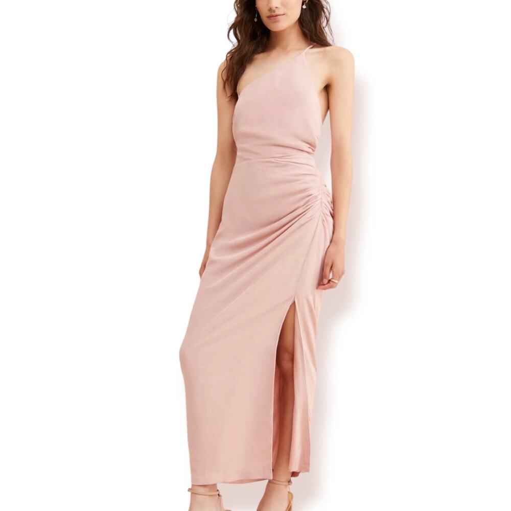 Anthropologie Ruched Asymmetrical Dress Pink Linen Blend Slip Maxi Dress Size 0P